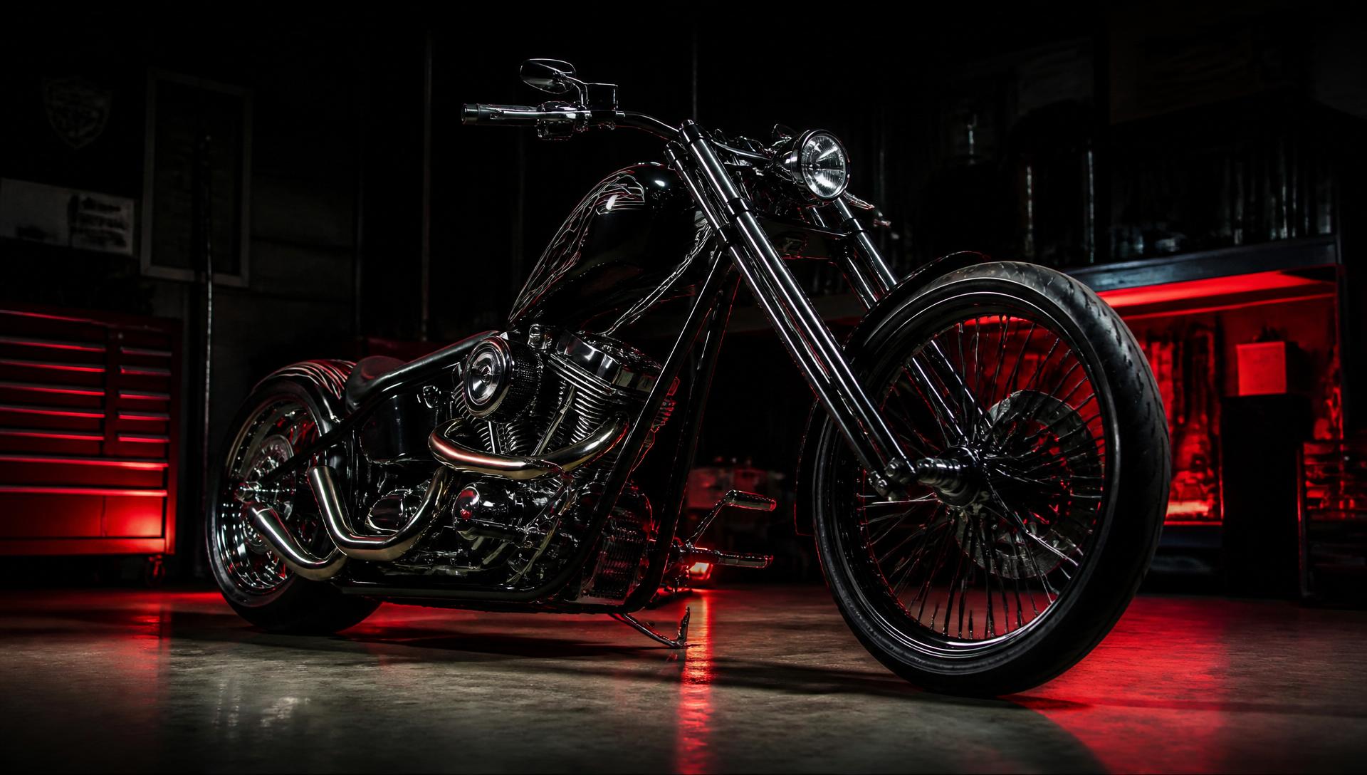 Motocicleta chopper finalizada em oficina com iluminação vermelha