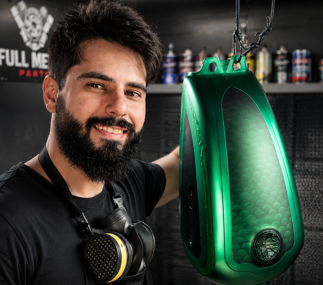 Pintor da Full Metal Parts segurando tanque de moto pintado em verde metálico