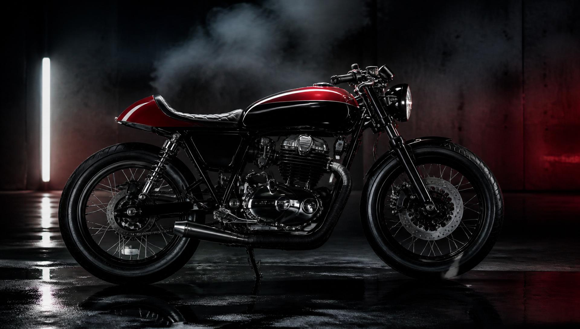 Motocicleta customizada preta e vermelha em oficina premium